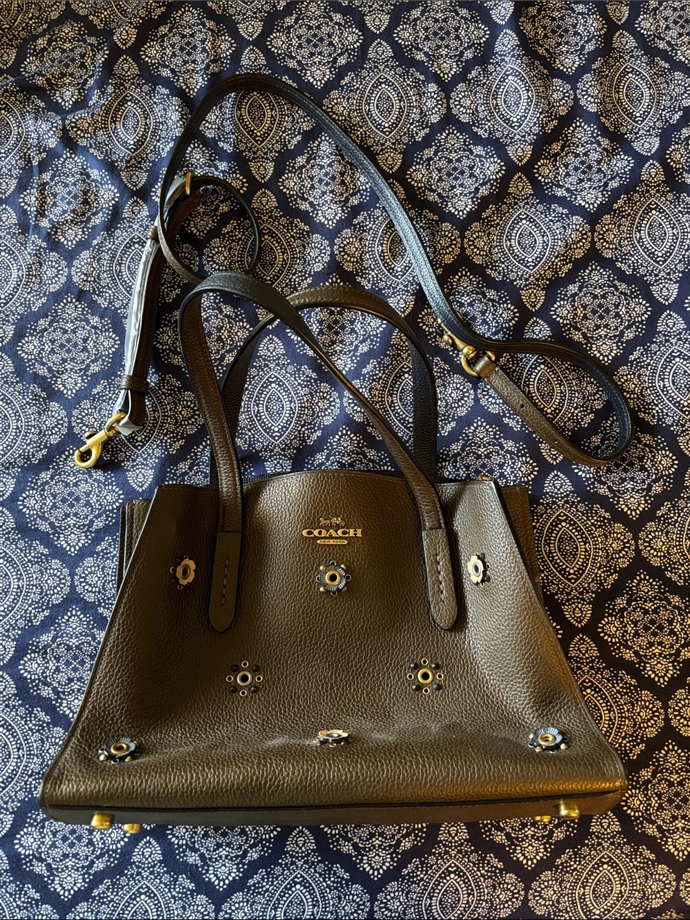 Coach Dark Brown Pebbled Leather Tote with Gold Hardware and Grommet Accents - Picture 1 of 4